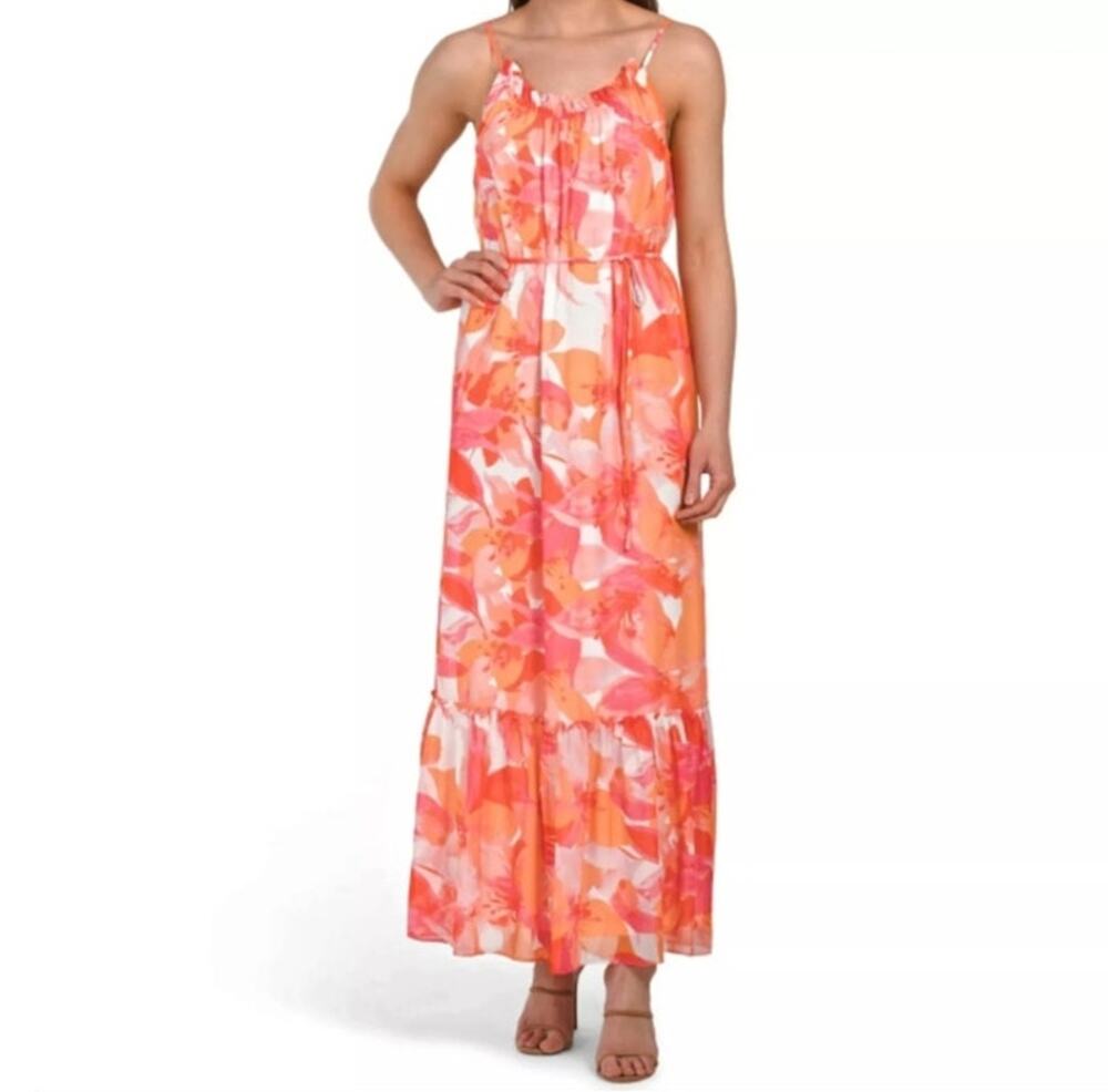 Nicole Miller Multicolor Floral Chiffon Tiered Maxi Dress Size XL